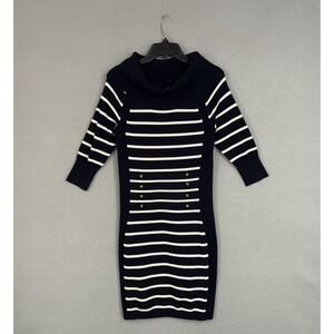 Cache Dress Womens Large Navy White Stripe Cowl Neck Sweater Bodycon 3/4 Sleeve